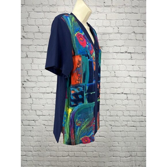 VTG CM Shapes Floral Colorful Button Shoulder Pad Short Sleeve Tunic Blouse M - Picture 8 of 9